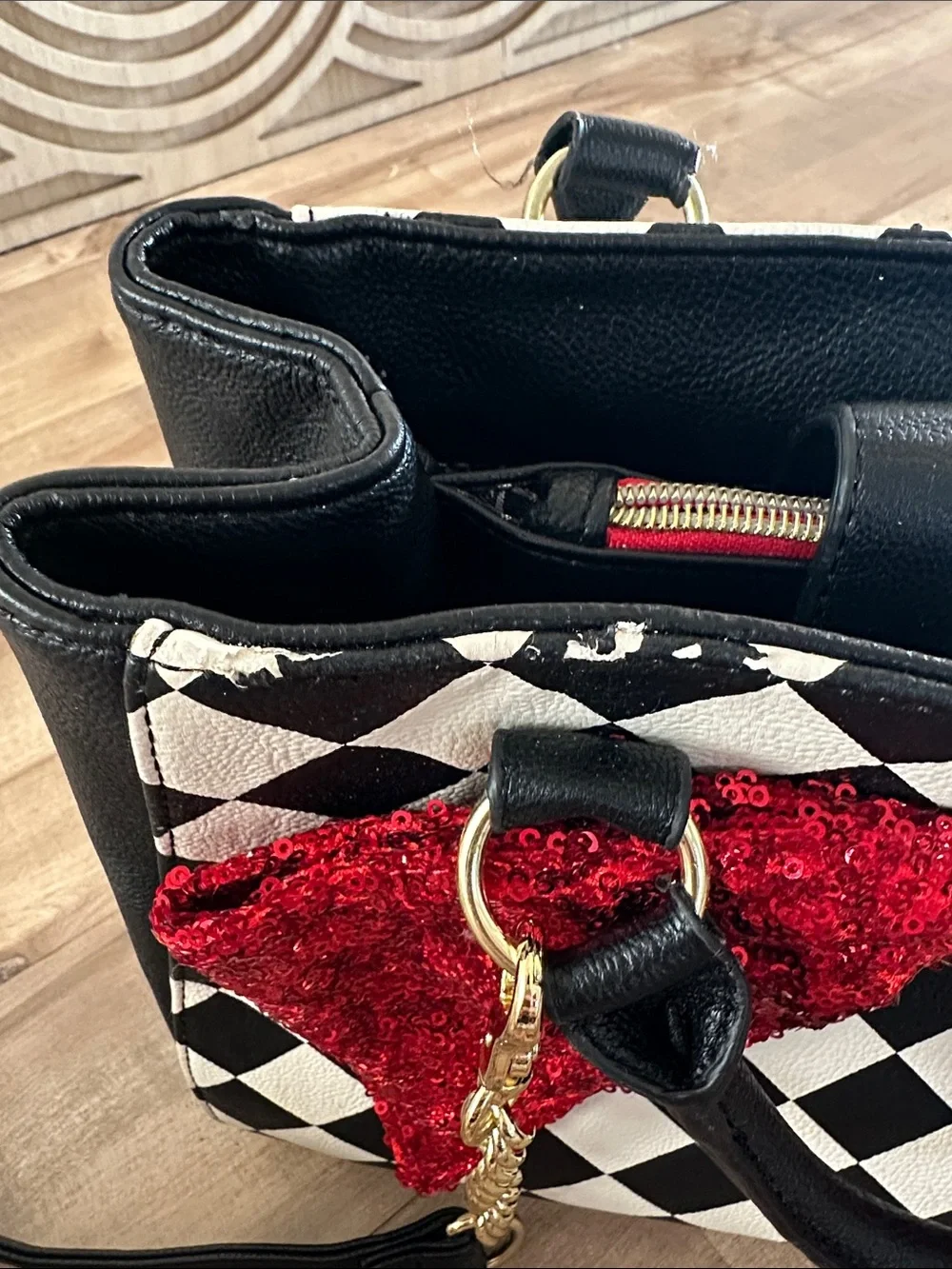 Betsey Johnson Black & White Checker Satchel with Red Sequin Bow